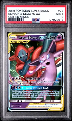 Pokemon TCG SM Unified Minds Espeon & Deoxys GX Holo Foil Card 72/236 PSA 9 - Image 1