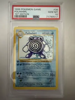1999 POKEMON CARD POLIWHIRL BASE SET 1ST EDITION SHADOWLESS 38/102 PSA 10 GEM MT - Image 1