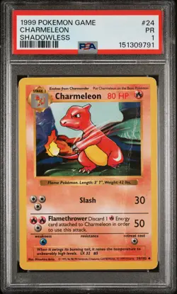1999 POKEMON BASE SET SHADOWLESS #24 CHARMELEON PSA 1 - Image 1
