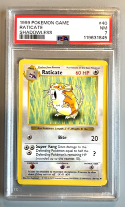 Pokemon Card 1999 Base Set Shadowless RATICATE 40/102 PSA 7 - Image 1