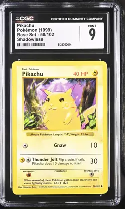 CGC 9 MINT Pikachu 58/102 Base Set Shadowless Yellow Cheeks Pokemon Card - Image 1