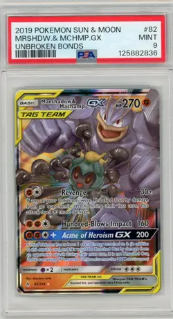 2019 Pokemon Sun and Moon Marshadow/Machamp GX #82 Unbroken Bonds PSA 9 - Image 1
