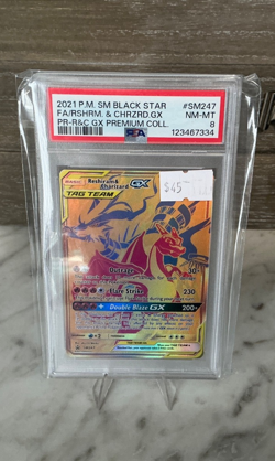 2021 POKEMON SM BLACK STAR PROMO #SM247 FULL ART/RESHIRAM & CHARIZARD GX PSA 8 - Image 1