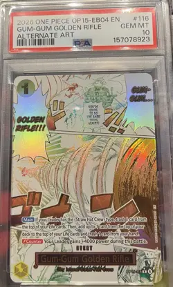 2026 ONE PIECE ADVENTURE ON KAMI'S ISLAND ALT ART GUM-GUM GOLDEN RIFLE PSA 10 - Image 1