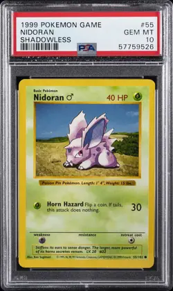 1999 POKEMON GAME SHADOWLESS #55 NIDORAN PSA 10 - Image 1