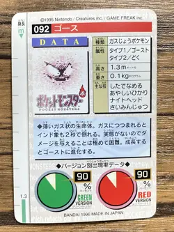 Pokemon Carddass Card Gastly No.92 Bandai Pocket Monsters Red ver. 1996 - Image 2