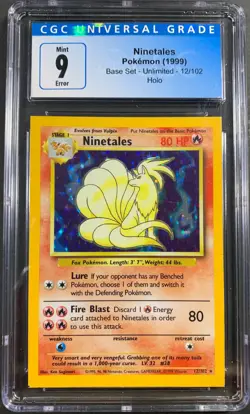 Ninetales 12/102 - 1999 Base Set - ERROR Square Cut Pokemon Base Set CGC 9 - Image 1