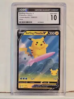 2021 Pokemon Celebrations SURFING PIKACHU V Holo 008/025 CGC 10 Gem Mint Card - Image 1