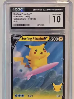 2021 Pokemon Celebrations SURFING PIKACHU V Holo 008/025 CGC 10 Gem Mint Card - Image 3