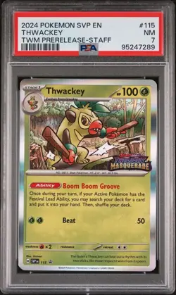 2024 Pokemon Thwackey TWM Prerelease Staff Blackstar Promo SVP #115 PSA 7 - Image 1