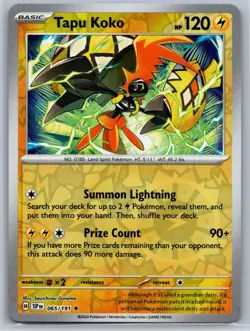 NM Tapu Koko 065/191 Reverse Holo Surging Sparks Scarlet & Violet Pokemon 2024 - Image 1