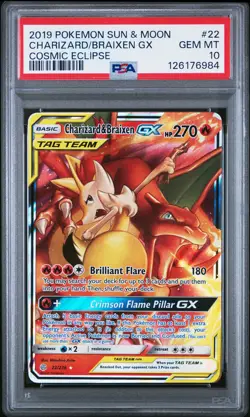 2019 POKEMON SUN & MOON COSMIC ECLIPSE #22 CHARIZARD & BRAIXEN GX PSA 10 - Image 1