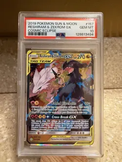2019 Pokemon Sun and Moon Reshiram and Zekrom GX Cosmic Eclipse 157/236 Psa 10 - Image 1