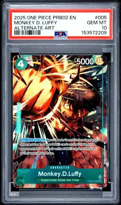 2025 ONE PIECE PRB02 PREMIUM BOOSTER VOL 2 #005 MONKEY D LUFFY ALT ART PSA 10 - Image 1