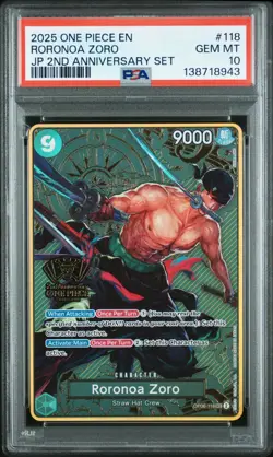 2025 ONE PIECE OP06-118 JAPANESE 2ND ANNIVERSARY SET RORONOA ZORO ENG PSA 10 - Image 1