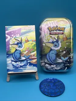 Vaporeon Prismatic Evolutions Mini Tin, Art card, and Coin Only - Image 1