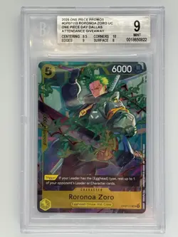 2025 ONE PIECE DAY DALLAS PROMO #OP07-113 RORONOA ZORO BGS 9 - Image 1