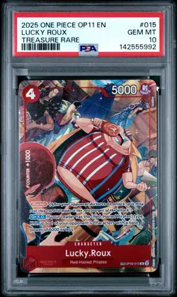 2025 ONE PIECE OP11-A FIST OF DIVINE SPEED TREASURE RARE #015 LUCKY ROUX PSA 10 - Image 1