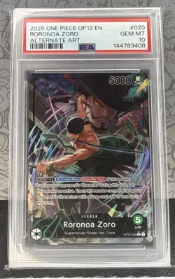 2025 ONE PIECE OP12-020 LEGACY OF THE MASTER RORONOA ZORO ALT ART LEADER PSA 10 - Image 1