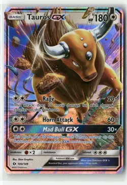 2017 Pokemon Sun & Moon Base Set Tauros GX 100/149 Rare Holo NM - Image 1