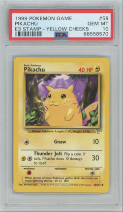 1999 Pokemon Base PSA 10 Pikachu Yellow Cheeks #58 E3 Stamp Promo WOTC - Image 1