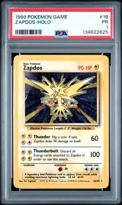 1999 POKEMON BASE SET UNLIMITED #16 ZAPDOS-HOLO PSA 1 - Image 1