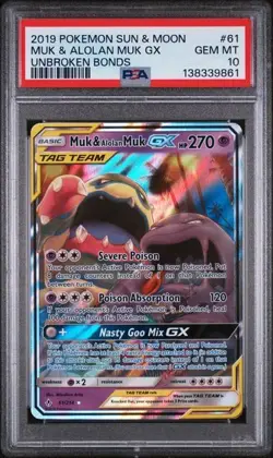 2019 POKEMON SUN & MOON UNBROKEN BONDS #61 MUK & ALOLAN MUK GX PSA 10 - Image 1