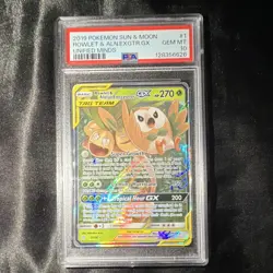 2019 Pokemon TCG Rowlet & Alolan Exeggutor GX 1/236 Unified Minds Holo PSA 10 - Image 1