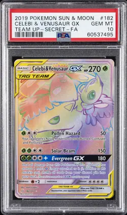 2019 POKEMON SUN & MOON TEAM UP SECRET #182 FULL ART/CELEBI & VENUSAUR GX PSA 10 - Image 1