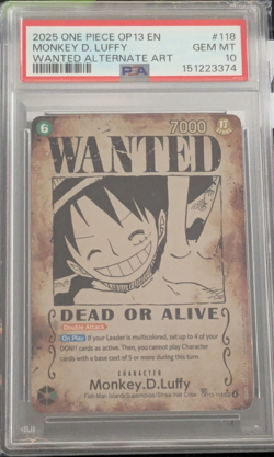 One Piece Monkey D. Luffy Wanted Alt Art Foil OP13-118 PSA 10 - Image 1