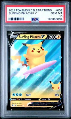 2021 POKEMON CELEBRATIONS #008 SURFING PIKACHU V PSA 10 - Image 1