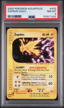 2003 POKEMON AQUAPOLIS #H32 ZAPDOS-HOLO PSA 8 - Image 1