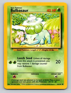 Bulbasaur 44/102 Common Base Set Unlimited Pokemon NM - Image 1