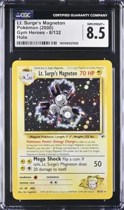 CGC 8.5 Lt. Surge's Magneton Holo 8/132 Pokemon 2000 Gym Heroes WotC Nm Mint - Image 1