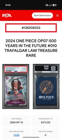 Trafalgar Law ST10-010 TR Alt Art One Piece TCG Treasure Rare Card PSA 10 - Image 3