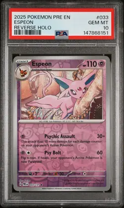 2025 POKEMON PRE EN-PRISMATIC EVOLUTIONS REVERSE HOLO #033 ESPEON PSA 10 - Image 1