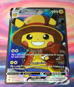 Pokemon TCG Luffy Poncho Pikachu VCOS Cosplay Custom Shiny Holo Card One Piece - Image 1