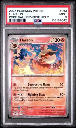 2025 POKEMON PRE EN-PRISMATIC EVOLUTIONS POKE BALL REVERSE HOLO FLAREON PSA 9 - Image 1