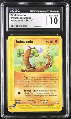 CGC 10 GEM MINT Sudowoodo 36/147 Pokemon 2003 Aquapolis Pop 27 - Image 1