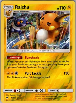 Raichu 41/147 Holo Rare Burning Shadows Pokemon Reverse Holo Near Mint - Image 1