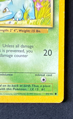 BULBASAUR 44/102 MP COMMON BASE SET UNLIMITED POKEMON 1999 - Image 2