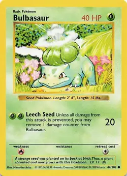 Bulbasaur Shadowless (NM) 44/102 Base Set TCG Vintage 1999 Card Grass - Image 1