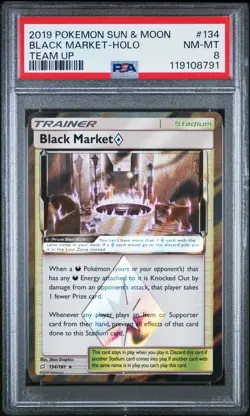 2019 POKEMON SUN & MOON TEAM UP #134 BLACK MARKET-HOLO PSA 8 - Image 1
