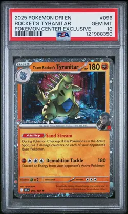 2025 POKEMON DESTINED RIVALS POKEMON CENTER #096 TEAM ROCKET'S TYRANITAR PSA 10 - Image 1