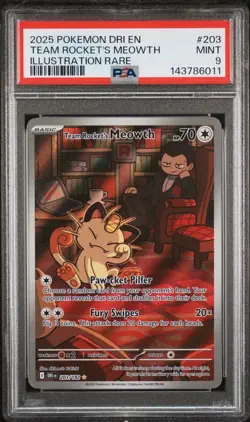 2025 Pokemon Destined Rivals Meowth 203/182 Illustration Rare PSA 9 - Image 1