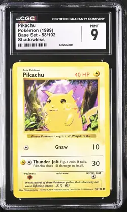 CGC 9 MINT Pikachu 58/102 Base Set Shadowless Yellow Cheeks Pokemon Card - Image 1