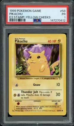PSA 1 Pikachu E3 Stamp Yellow Cheeks 1999 Pokemon Card #58/102 Base Set Promo - Image 1