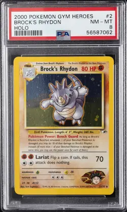2000 POKEMON GYM HEROES HOLO #2 BROCK'S RHYDON PSA 8 - Image 1