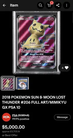 LOW POP - POKEMON SUN & MOON LOST THUNDER #206 FULL ART/MIMIKYU GX PSA 10 - Image 3