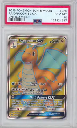 2019 Pokemon Sun & Moon Unified Minds (SM11) Dragonite GX #229 Full Art PSA 10 - Image 1